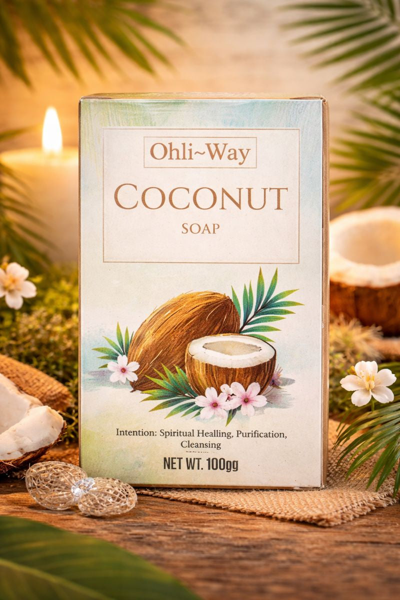 Ohli-Way Coconut Soap packaging with coconut and leaf design on a decorative background.