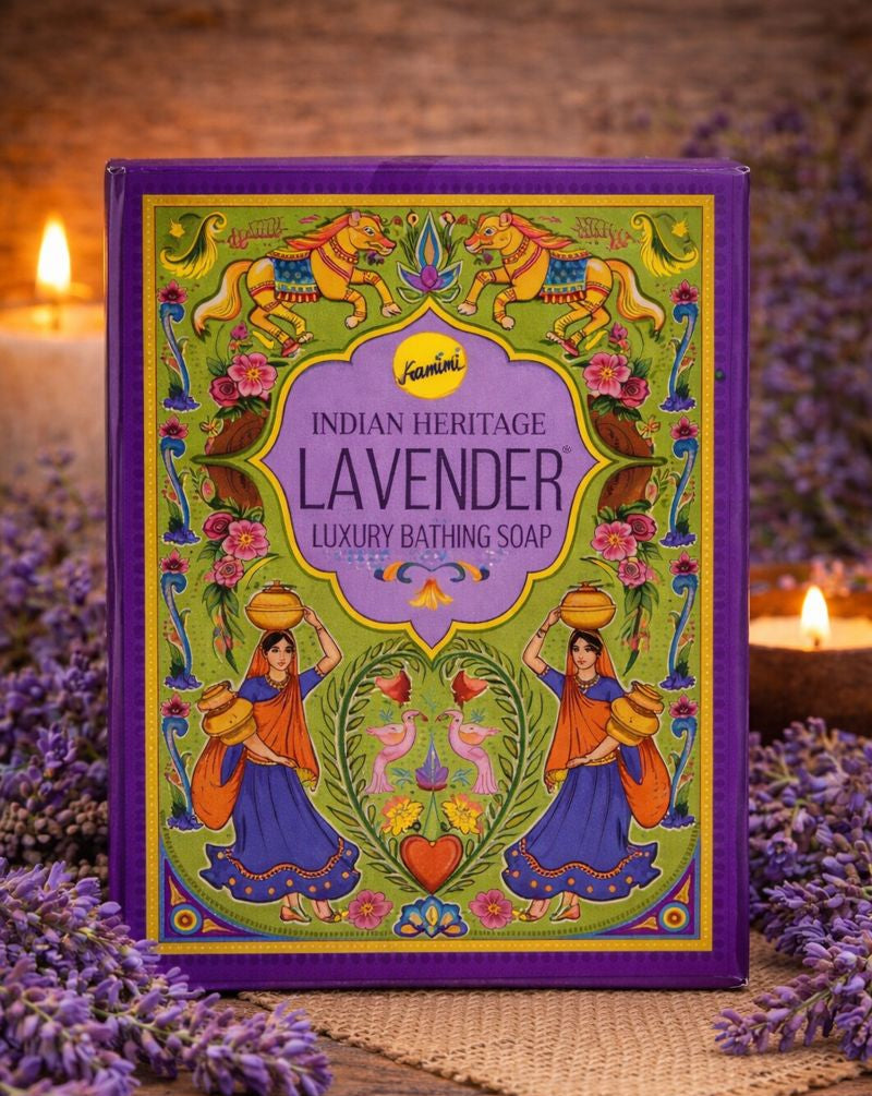 Cabal Indian Heritage Lavender soap packaging with lavender flowers around
