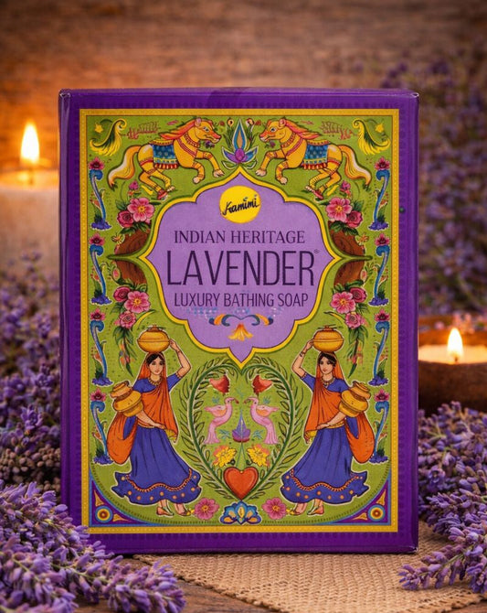 Cabal Indian Heritage Lavender soap packaging with lavender flowers around